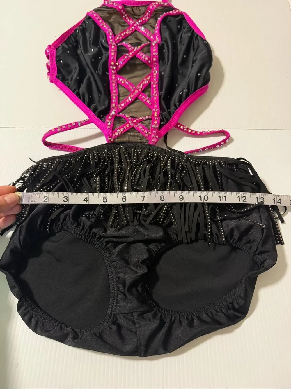 Pumpers jazz dance costume custom solo pink illusion black jazz fringe MA adult
